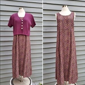 Vintage 90s y2k Floral Sleeveless Sundress Purple Cardigan Set Maxi Dress 14